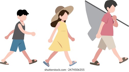 Children are walking side by side. Children wearing summer clothes.