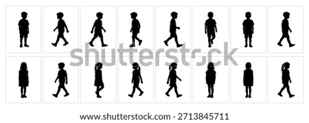 Children Walking and Standing Silhouettes Set, Elementary Age Kids Poses