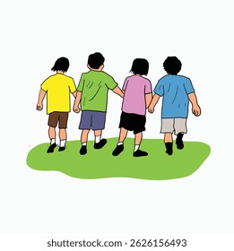 children walking together seen from behind. Cartoon Style Illustration