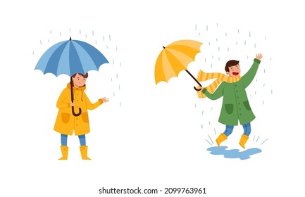 Children walking with umbrellas on rainy windy day. Boy and girl in casual autumn outfit holding umbrella cartoon vector illustration