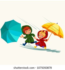 Children walking under raining sky with an umbrella, drops of rain are dripping into puddles, raining boy and girl in waterproof jacket and rubber boots jumping over water vector illustration