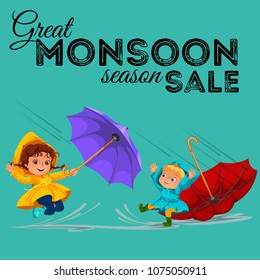 Children walking under raining sky with an umbrella, drops of rain are dripping into puddles, raining boy and girl in waterproof jacket and rubber boots jumping over water vector illustration