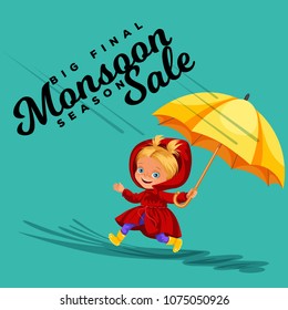 Children walking under raining sky with an umbrella, drops of rain are dripping into puddles, raining boy or girl in waterproof jacket and rubber boots jumping over water vector illustration