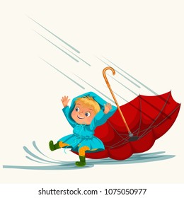 Children walking under raining sky with an umbrella, drops of rain are dripping into puddles, raining boy or girl in waterproof jacket and rubber boots jumping over water vector illustration