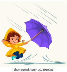 Children walking under raining sky with an umbrella, drops of rain are dripping into puddles, raining boy or girl in waterproof jacket and rubber boots jumping over water vector illustration