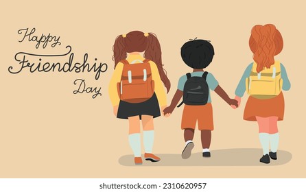 Children walks holding hands. Friendship concept. Vector illustration of kids back view.