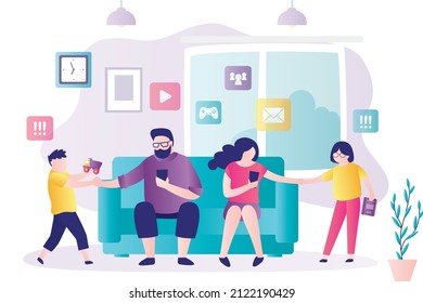 Children want to communicate with their parents. Mother and father has internet addiction. Parents uses mobile phones. Cyber addiction concept. Family problems. Social issues. Flat Vector illustration