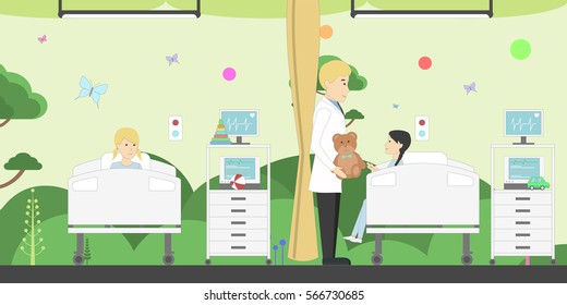 Children ward in hospital. Funny cartoon interior. Male doctor with young patients.