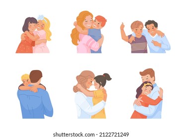 Children warm hugging. Parent hug kid, family embrace child, kids relationship, mother love daughter, father warmth cuddle son, happy mom and dad flat cartoon vector. Illustration of child and family