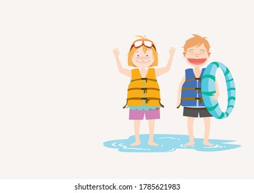 los niños se calientan antes de jugar en el agua. vector de caracteres secundarios. 