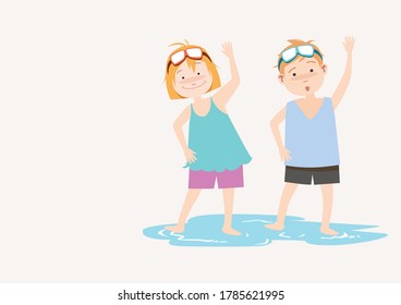 children warming up before playing in the water. children character vector. 