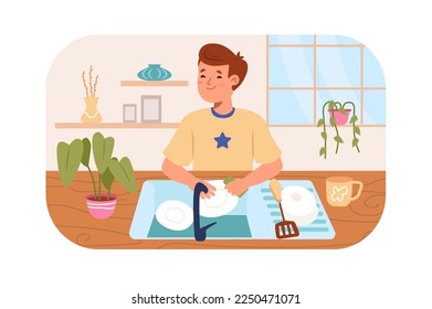 Children wash dishes concept with people scene in flat design. Cute teenager boy washing plates and in sink while standing in kitchen at home. Vector illustration with character situation for web