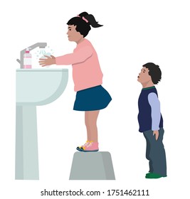 Children wash their hands after a walk, the baby character stands in the bathroom and washes his hands with soap, the concept of hygiene. Flat vector illustration.