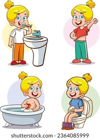 children washing face, washing hands, Brushing Teeth, Bathing, Washing Hands After Toilet.vector illustration of a child's bathroom routine