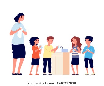 Children Washing Hands. School Kids Clean Dirty Hand In Sink. Virus Or Germs Protecting, Woman Girls And Boys Hygiene Vector Illustration