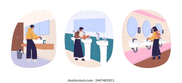 Children washing hands at sink in public toilet. Kids students during arms hygiene, standing at washbasins in school restroom, WC, closet. Flat vector illustration isolated on white background