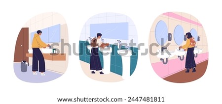 Children washing hands at sink in public toilet. Kids students during arms hygiene, standing at washbasins in school restroom, WC, closet. Flat vector illustration isolated on white background