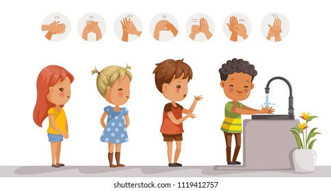Children are washing. perspective of children standing at the wash basin. at school girls and boys waiting to wash. diagram showing how to clean the right hand. steps to wash hands in a circle.