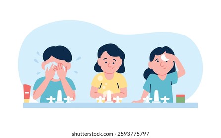 Children washing together. Siblings, brother and sister in bathroom doing morning or evening routine. Self hygiene, wash hands and face, vector concept