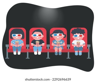 Children watch movie in a cinema. Boys and girls with pop-corn sit in red chairs. Vector illustration