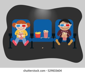 Children watch a movie in a cinema. There is a boy and girl with pop-corn in the picture. Vector illustration