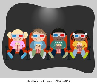 Children watch a movie in a cinema. There are boys and girls with pop-corn in the picture. Vector illustration