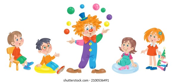 Children watch the performance of a funny clown. In cartoon style. Isolated on white background. Vector illustration.