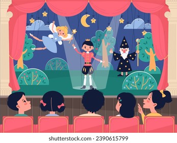 Children watch puppet show. Happy kids in auditorium at theatrical performance, young audience, fabulous puppets on stage, entertainment show for kids, cartoon isolated vector concept