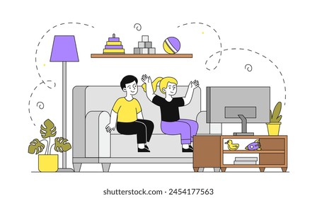 Kinder sehen einfach fern. Junge und Mädchen sitzen auf dem Sofa und sehen fern. Animation und Freizeit. Freunde sehen Cartoons und Serien. Doodle flache Vektorillustration isoliert auf weißem Hintergrund