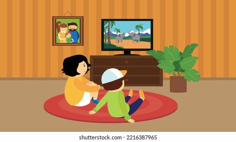 Children watch videos about animals on TV in the living room sitting on the rug