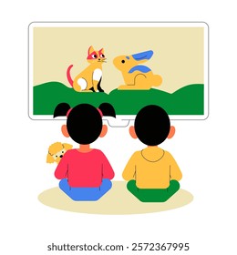 Children Watching Cartoon On Screen In Flat Vector Illustration Symbolizing Entertainment, Bonding, And Fun, Isolated On White Background