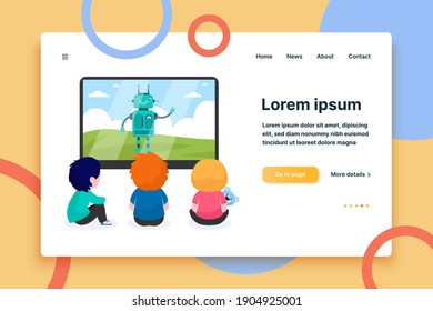 Children watching cartoon with robot. TV, screen, toy flat vector illustration. Childhood and digital technology concept for banner, website design or landing web page