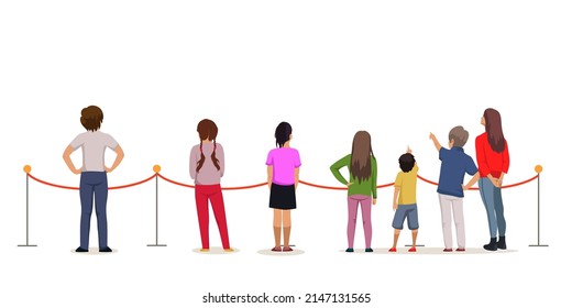 Children watching exhibits in museum or gallery vector illustration. Cartoon expo presentation for tourists or students, girls and boys standing behind rope fence isolated on white. Exhibition concept