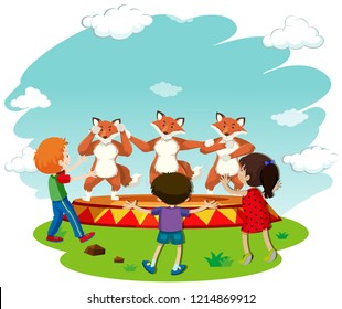 Niños observando la ilustración de la actuación de la danza del zorro
