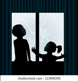 Children are watching Frost on the window / Christmas Flower Poinsettia