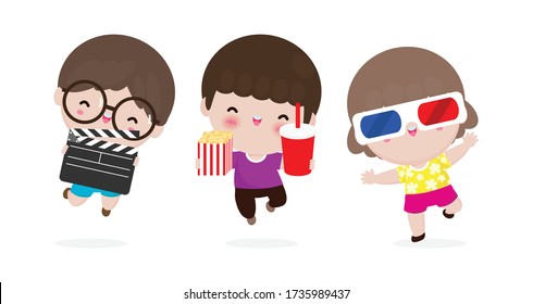 children watching movie, Happy kids going to a movie together, movie and clapper and popcorn, child watching a movie in 3D, cinema. isolated on white background Vector Illustration