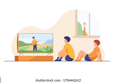 Children watching movie or show at home. Boys sitting at TV screen. Vector illustration for video, broadcasting, channel for kids concept