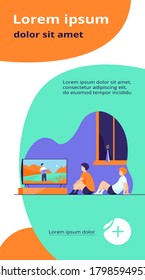 Children watching movie or show at home. Boys sitting at TV screen. Vector illustration for video, broadcasting, channel for kids concept