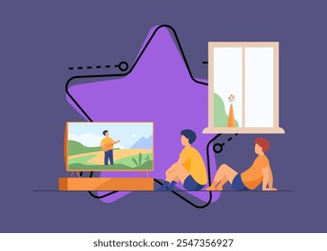 Niños viendo películas o espectáculos en casa. Muchachos sentados en la pantalla de televisión. Ilustración vectorial Video para el concepto, radiodifusión, canal para niños