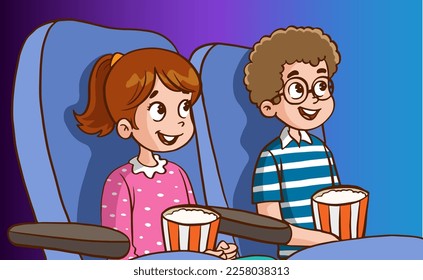 niños viendo películas en el vector de dibujos animados del cine