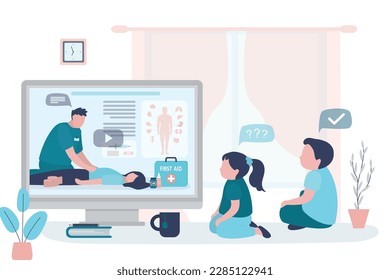 Children watching online course of first aid training. Life save and healthcare, concept. Education webinar for kids. Learning medical information and practicing from video on computer. flat vector