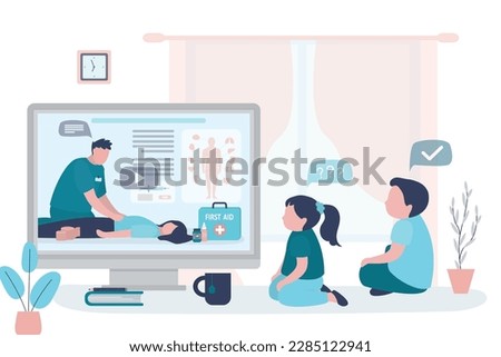 Children watching online course of first aid training. Life save and healthcare, concept. Education webinar for kids. Learning medical information and practicing from video on computer. flat vector