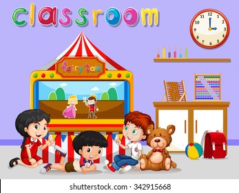 Children watching puppet in classroom illustration