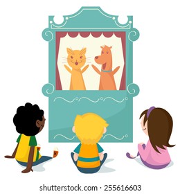 Children watching puppet show, vector illustration