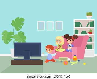 Children watching TV flat vector illustration. Cute kids sitting on sofa cartoon characters. Smiling preschoolers playing with soft toys, cubes. Charming toddlers having fun with television program.