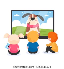 Children watching TV flat vector illustration. Kids sitting near television screen and watching cartoon film or movie. Technology and entertainment concept