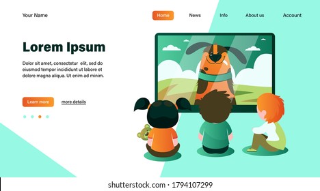 Children watching TV flat vector illustration. Kids sitting near television screen and watching cartoon film or movie. Technology and entertainment concept