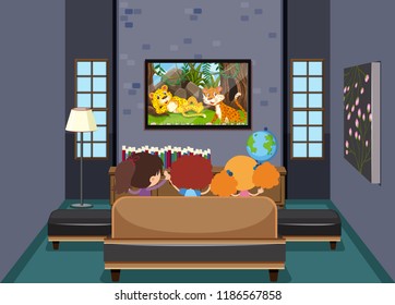 Children watching TV in living room illustration