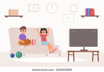 Niños viendo televisión en la sala de estar. Muchacho de dibujos animados con gato y palomitas en el sofá. Hermano y hermanita divertida, concepto de reposo vectorial en el hogar