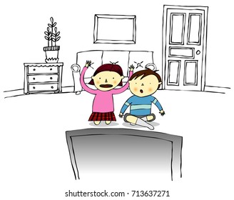 Children watching TV in living room.Children focused on TV.Children immersed in TV. - Shutterstock ID 713637271